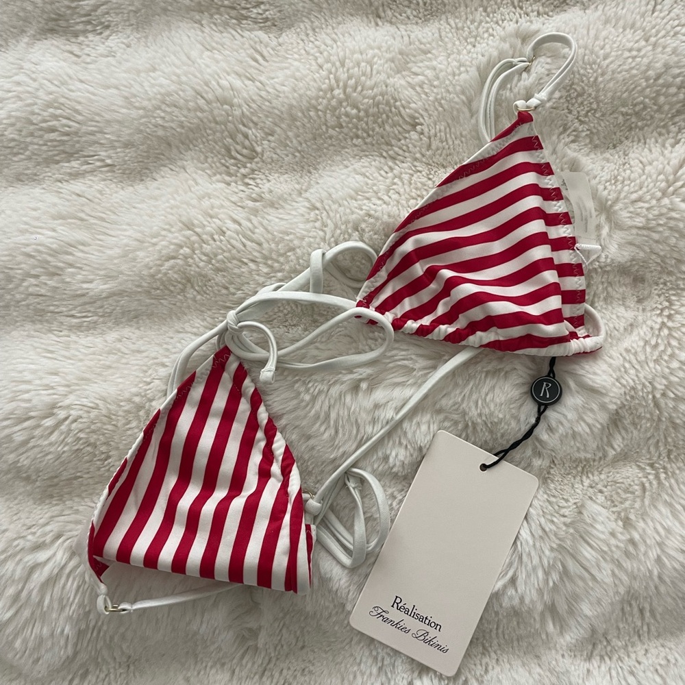 Realisation Par Red and White Striped Triangle Swim Top